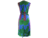 Size 10 Botanical Print Dress - 1970s Italian Designer Boutique Label Valditevere - Sleeveless Blue Emerald Green Purple Pink - Bust 36