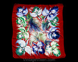 1940s Tropical Floral Rayon Scarf - 40s Red Blue Green Iris Flowers & Palm Leaves - Exuberant Pacific WWII USO Style Swing Era Head Wrap