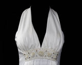 Size 8 White Evening Dress - Femme 1970s Goddess Formal Gown - White Halter Look 70s Sleeveless - Plunge V Neck & Lavish Beading - Bust 34.5