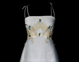 XS Fairytale White Dress - Fantasy Fairy Empire Evening Gown with Tea Lace & Blue Rosettes - Size 00 Handkerchief Hem Formal - Bust 30.5