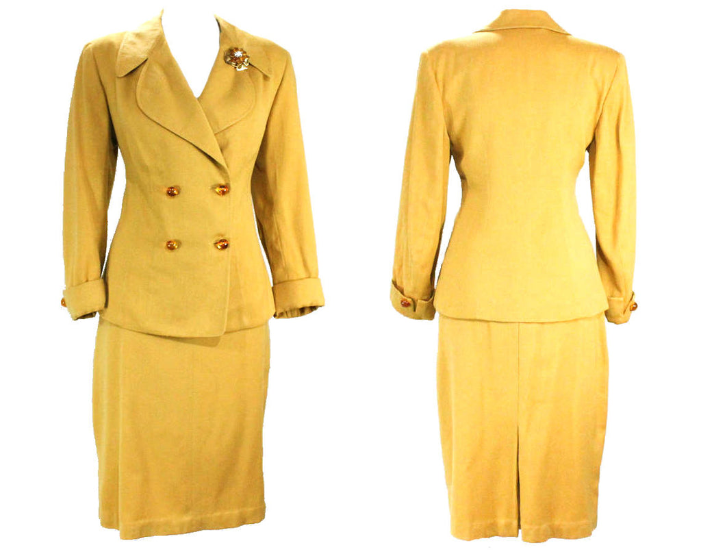 Size 6 1940s Suit - Saffron Yellow 40s Wool Gabardine Jacket & Skirt - Goldenrod Tailored WWII Era Beauty - Translucent Brown Buttons