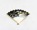 60s Asian Fan Brooch & Earrings - Black and Goldtone Metal Pin - 1960s Screwbacks - Far East Office Jewelry Gift - Mint Condition - Giftable