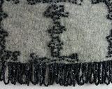 Size Small 1950s Gray Beaded Sweater - Soft As Cashmere - Charcoal Chevron Beadwork - Fringe Neckline & Hem - Zip Front 50s Cardigan