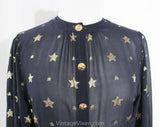 Size 6 Gold Star Blouse - Celestial 1980s Designer Small Long Sleeve Shirt - Gloria Sachs - Navy Blue Sheer Chiffon & Metallic - Bust 34