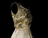 Size 0 1950s Satin Cocktail Dress with Pastel Beadwork - XXS 50s Champagne Ivory Formal - Pastel Pink Yellow Blue Green Beading - Waist 22.5