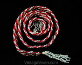 Beaded Braid Belt with Tassels - Red & Silver Glass Beads with Goldtone Metal Details - Small Medium - Striped 1960s Goddess Tie Sash