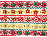 Size 10 Full Skirt - Red Cotton Folk Dirndl Beaded Border - 1950s 1960s Gypsy Boho Beadwork Panel - Rick Rack Wooden Beads Raffia - Waist 29