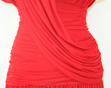Size 8 Goddess Dress - 1990s Hot Red Jersey Knit Cocktail Dress by Kira - Slinky Wrap Style Swags & Draping - Long Sleeve - Bust 36 - 41779