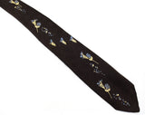 Men's French 1950s Novelty Tie - Romantic Date Night Theme 50s Silk Necktie - Chocolate Brown Blue Ivory - Grapes Wine & Long Stemmed Roses