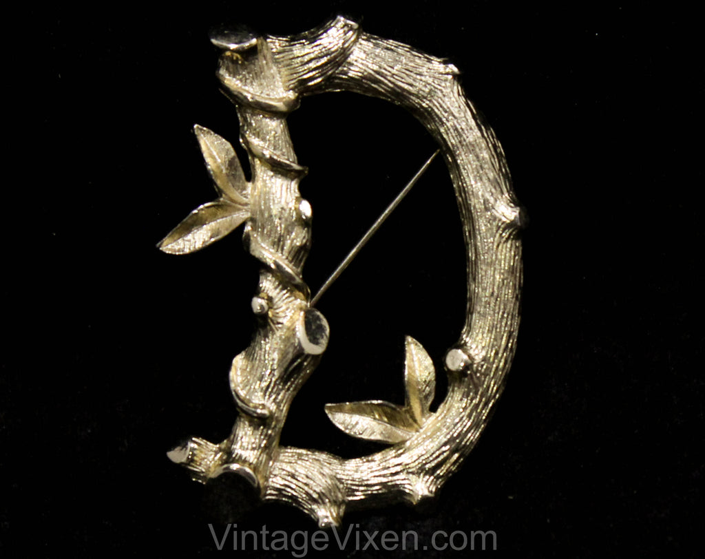 Letter 'D' Initial Pin - Gold Monogram D Brooch by Sarah Coventry - 1960s 70s Woodland Tree Branches & Leaves - Antique Look Metal - 50564-1