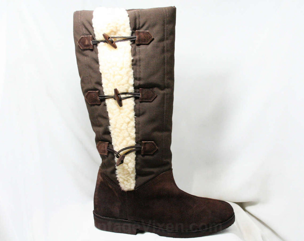 Size 6 1/2 Fleecy Boots - Unworn - Brown Cotton Canvas Boot - Faux Shearling - Wooden Toggles - Fall Winter Deadstock - Hush Puppies 43705-1