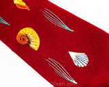 1940s Men's Seashells Tie - 40s Rayon Novelty Print Necktie - Brick Red with Luminous Hand Painted Sea Shells & Glitter - California Label