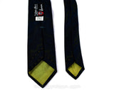 1950s Men's Skinny Tie - Fine Silk Flourish Print Foulard - Handsome Business Man's 50s Necktie - Sapphire Blue Olive Green Brown & Black