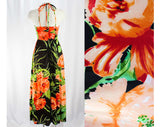 XS 1970s Sun Dress - Strappy Lolita Chic 70s Bright Floral - Orange Green Black - Tropical Resort Jersey & Sequins - Long Dress - Bust 31.5