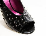Size 6 Studded Shoes - Sexy Glossy Black Dominatrix Shoes with Silver Metal Studs - Fetish 1990s 4 Inch Spike High Heels - Open Toes - 50244