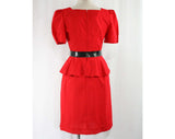 Size 6 Red Dress & Black Belt - 1940s Inspired 80s Design - Short Sleeved Square Neck 1980s Office Style - Peplum Buttons - Waist 25.5