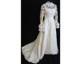 XXS Wedding Dress with Train - Size 0 Champagne Satin & Lace Bridal Gown with Bell Sleeves - 595 Dollar Original Tag - Bust 31.5 - 31811