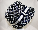 Sassy 60s Navy & White Hat - Mod Striped Bucket Style 60s Summer Cloche with Ribbon Bow - Sharp Convertible Brim - Plaid Look Weave