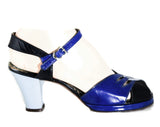 Size 6 1/2 1940s Platform Shoes - Cobalt Blue Leather Peep Toe Pumps with Two Tone Design - 40s WWII Era Deadstock Strappy Shoe - 6.5 Narrow