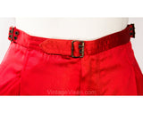 1970s Red Satin Pants - Designer YSL Yves Saint Laurent Tailored Evening Trousers - Ringmaster Red Disco Era with Metal Buckles - Waist 26.5