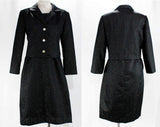 Size 12 Black Dress Set - Metallic Silver Twinkling Black Satin - 1960s Short Sleeved Sheath & Jacket - Chic 60s Evening Suit - Bust 38