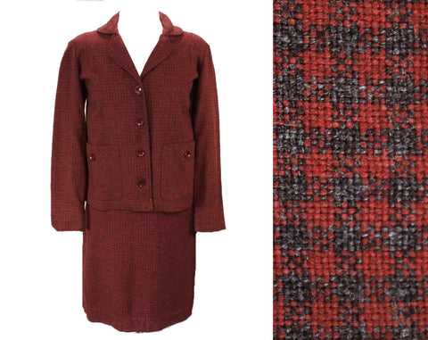 Size 10 Tweed Suit - 1950s Brick Red & Charcoal Gray Tailored Medium Jacket and Skirt - Maroon Checked Wool - Late 50s Early 60s - Waist 28