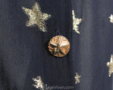 Size 6 Gold Star Blouse - Celestial 1980s Designer Small Long Sleeve Shirt - Gloria Sachs - Navy Blue Sheer Chiffon & Metallic - Bust 34