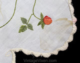 Strawberries Antique Linens - Society Silk Embroidered Victorian Linen - Doily 1900s Round Centerpiece - Botanical Strawberry Embroidery