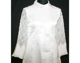 Size 8 Wedding Dress - Moderne 1960s Satin Bridal Gown with Lattice Pearl Sleeves & Detachable Train - Bust 35 - NOS Deadstock - 31886-1