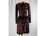 Size 6 Flourish Dress - Chic 1960s Border Print Design - 60s Silky Jersey Knit - Black Purple Amber Brown - Designer Look - Bust 34 - 46884