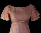 Size 6 Pink Evening Dress - 1960s Spring Empire Waist Gown - Pastel Garden Party - Satin Trim & Bell Sleeve - Long Tailed Bow - Bust 34.5