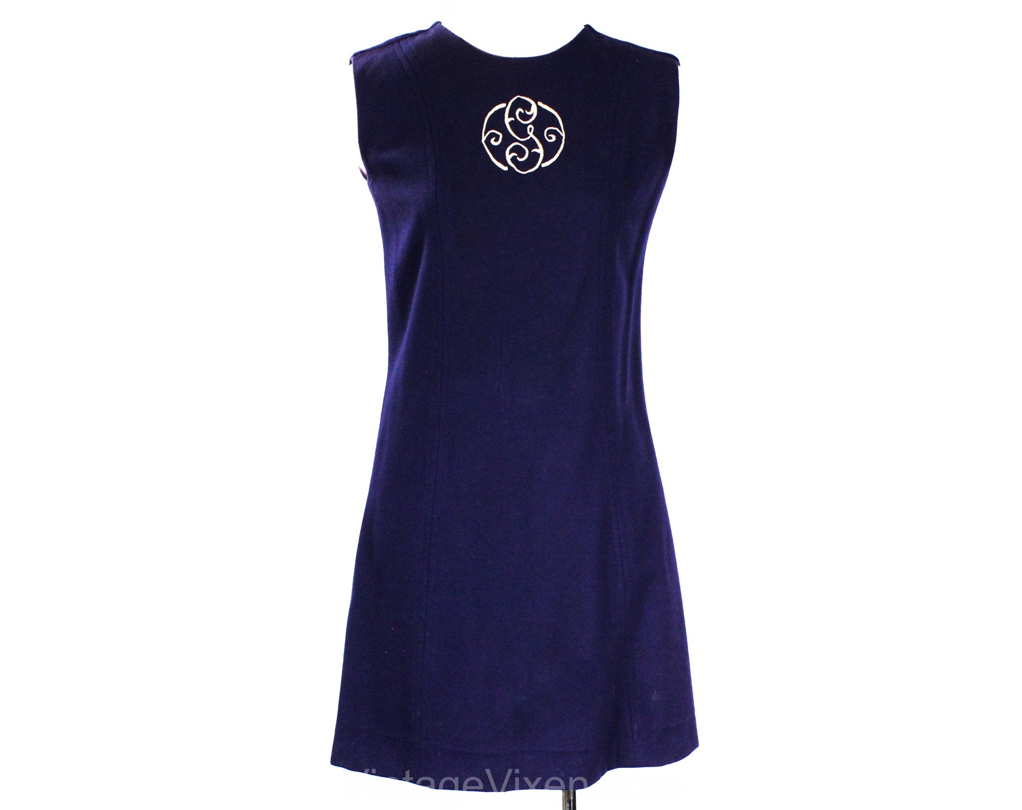 Size 2 Navy 60s Mini Dress with Cursive Letter G Monogram - Sleeveless Vintage Vixen Clothing Size 2 Navy 60s Mini Dress with Cursive Letter G Monogram - Sleeveless Vintage Vixen Clothing