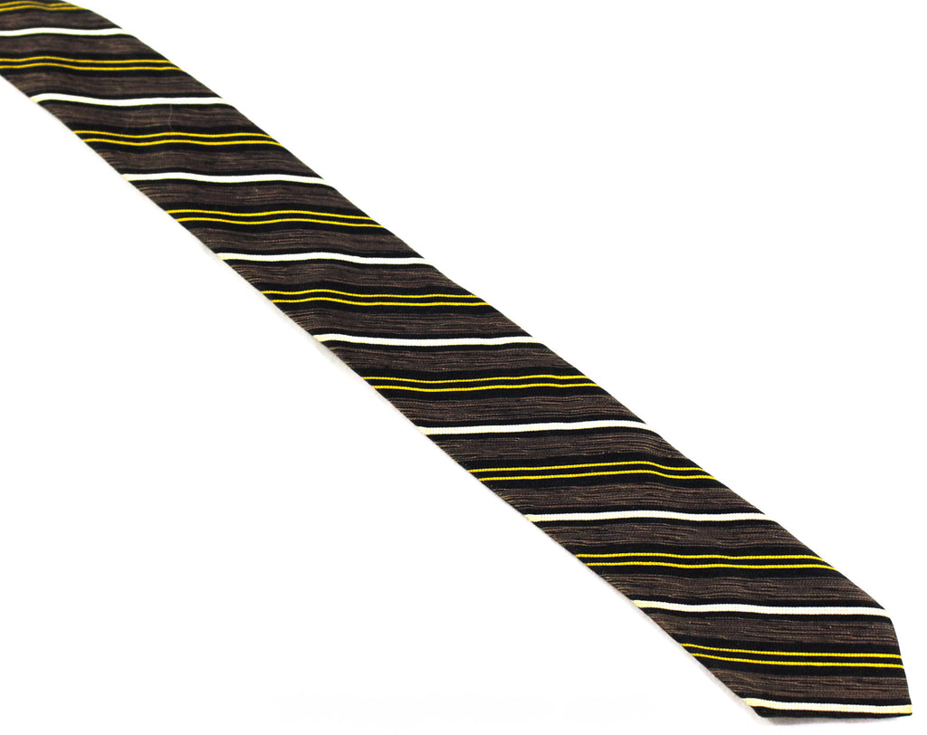 50s Men's Skinny Tie - 1950s Brown Black Ivory & Goldenrod Striped Necktie - Diagonal Stripes - Mid Century Office Wear - Handsome Fabric