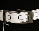 XXS to Medium White Belt - 1960s Vinyl Top-Stitched Belt with Chunky Mod Metal Silvery Buckle - Black Top Stitching - Size 0 to 10 Deadstock