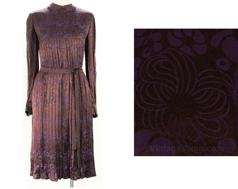 Size 10 Christian Dior Dress - Sumptuous Chocolate & Aubergine Pleated Silk Satin Brocade - 1960s Designer Sheath and Belt - Bust 36 -