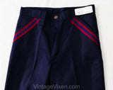 Teen Size 14 1970s Pants - Dark Navy Blue Bellbottoms - Teenage Boy's 70s Denim Style Like Jeans with Red Stripes - Waist 26 - NOS Deadstock