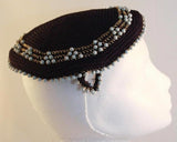 Terrific 1950s Navy Crochet Hat & Handbag Set - Multi Piece Set - Navy Blue and Silver - Drawstring Purse - Wooden Beads - Mint - 35939