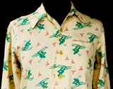 1940s Novelty Print Ski Shirt - Teen Boy's 18 Skiing Theme Top - Rustic Authentic 40s Sportswear - Jade Green Mauve Taupe Cotton - Chest 36