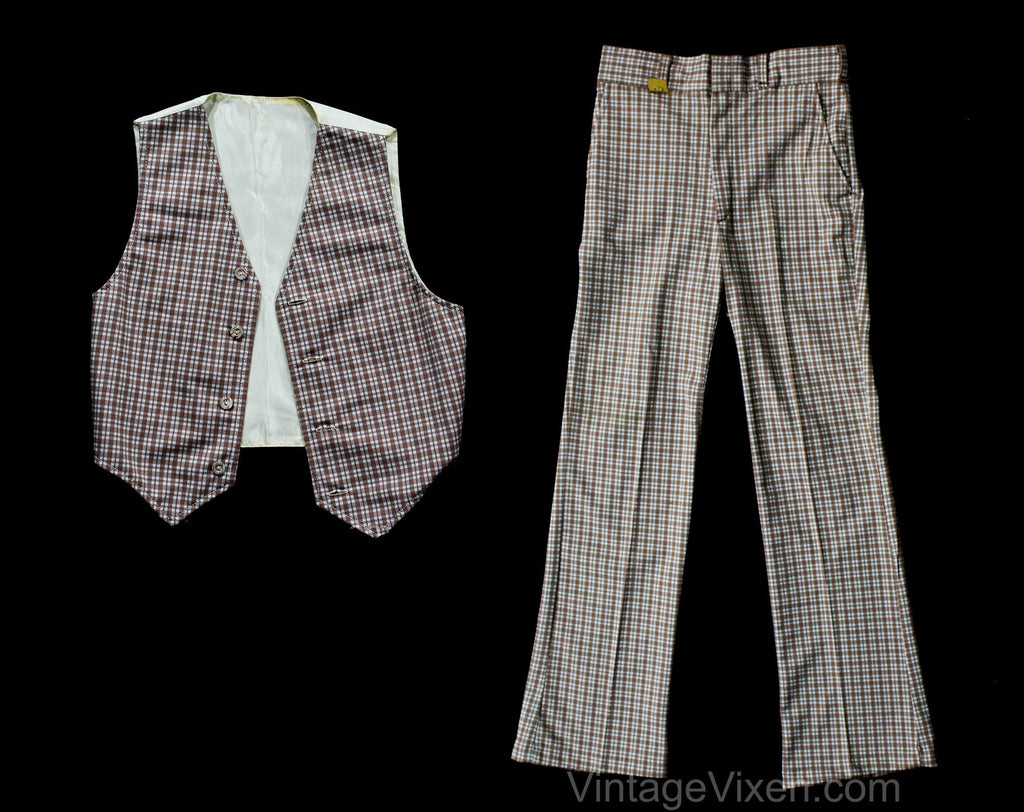 Teen Size 14 Polyester 1970s Vest & Pant Set - Teenage Boys 70s Brown Plaid Trouser - Kitschy Iconic 70's Deadstock - Waist 27 Inseam 29.5