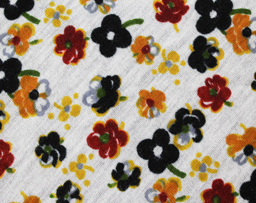1.66 Yards Fabric - 1960s Floral Jersey Knit Yardage - 1 2/3 Yards x 36 Inches Wide - Maroon Orange Goldenrod Black White Strewn Flowers