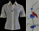 Size 6 Silk Shirt - Short Sleeved Top - Red Bird & Cherry Blossom Branches - Ivory Crepe Blouse - Serge Nancel Paris - Bust 34 - 46574