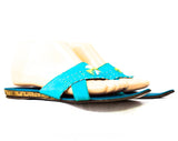 Size 7.5 Exotic Turquoise Sandals - 1960s Aqua Blue Leather Summer Shoes - Persian Style Magic Carpet Slides - Upturned Point Toes - 7 1/2 B
