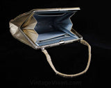 Special 50s Evening Purse - Gold & Floral Metallic Satin Brocade 1950s Formal Bag - Elegant Flourish Motif Handbag - Cinderella Blue Lining
