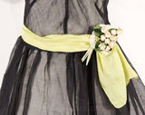 XXS 1940s Garden Party Frock with Rosebuds Corsage - Size 2 Charming 30s 40s Party Dress - Sheer Black Cotton with Nosegay Flowers - Bust 32