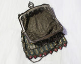 1920s Flapper Purse - Authentic Antique Whiting & Davis Metal Mesh Bag - Art Deco 20s Handbag - Pink Blue Green Floral with Chain Strap