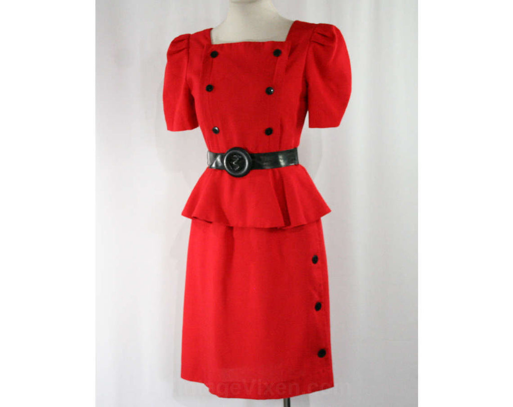 Size 6 Red Dress & Black Belt - 1940s Inspired 80s Design - Short Sleeved Square Neck 1980s Office Style - Peplum Buttons - Waist 25.5