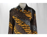 Size 12 Safari Shirt - 1990s Designer Erez Animal Print Large Silk Top - Leather Trims - Tiger Tan Brown Black White - Cache Label - Bust 40