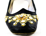 Size 8.5 Black Boudoir Shoes - 1960s Black Glamour Girl Indoor Outdoor Slippers with Starburst Rhinestones & Metallic Gold - Size 8 1/2 B
