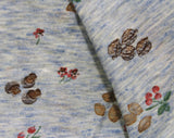 Novelty Print Fabric - Almost 1 Yard x 48 Inches Wide - 1970s Cherries Nuts & Mushrooms - 70s Soft Casual Knit - Brindled Blue Brown Red