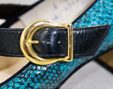 Size 6 Turquoise Shoes - Mod 1960s Faux Snake Skin Pumps with Navy Blue Strap - Terrific Teal Snakeskin Vinyl - 6B - 60s NOS Deadstock